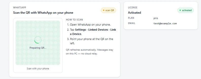 TallyWhatsApp dashboard showing the QR panel stuck on Preparing QR with a spinner