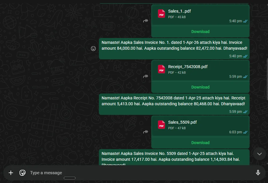 TallyPrime showing the WhatsApp queued confirmation overlay seconds after a sales voucher is saved