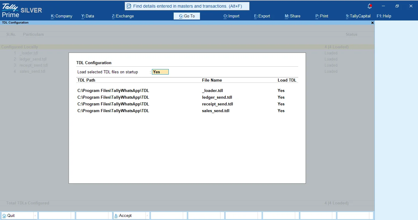 TallyPrime TDL Configuration screen showing TallyWhatsApp's loader, sales, receipt and ledger TDL files all loaded