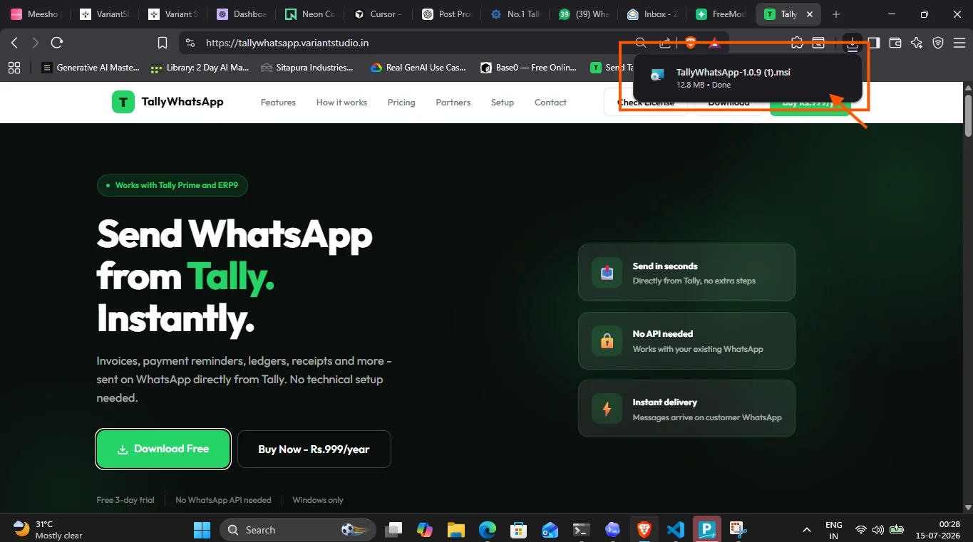 Browser downloads folder showing the TallyWhatsApp setup msi file.