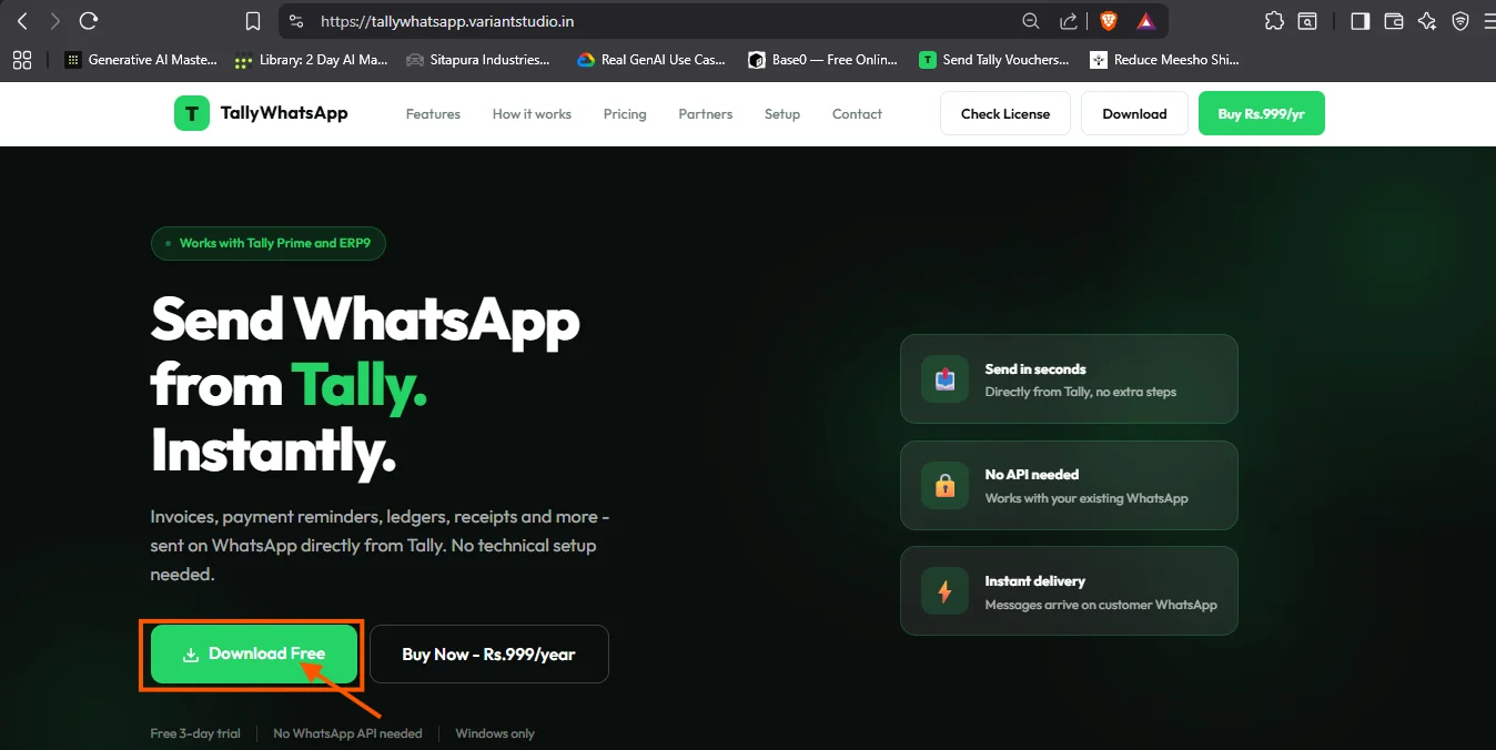 TallyWhatsApp website showing the download trial button.
