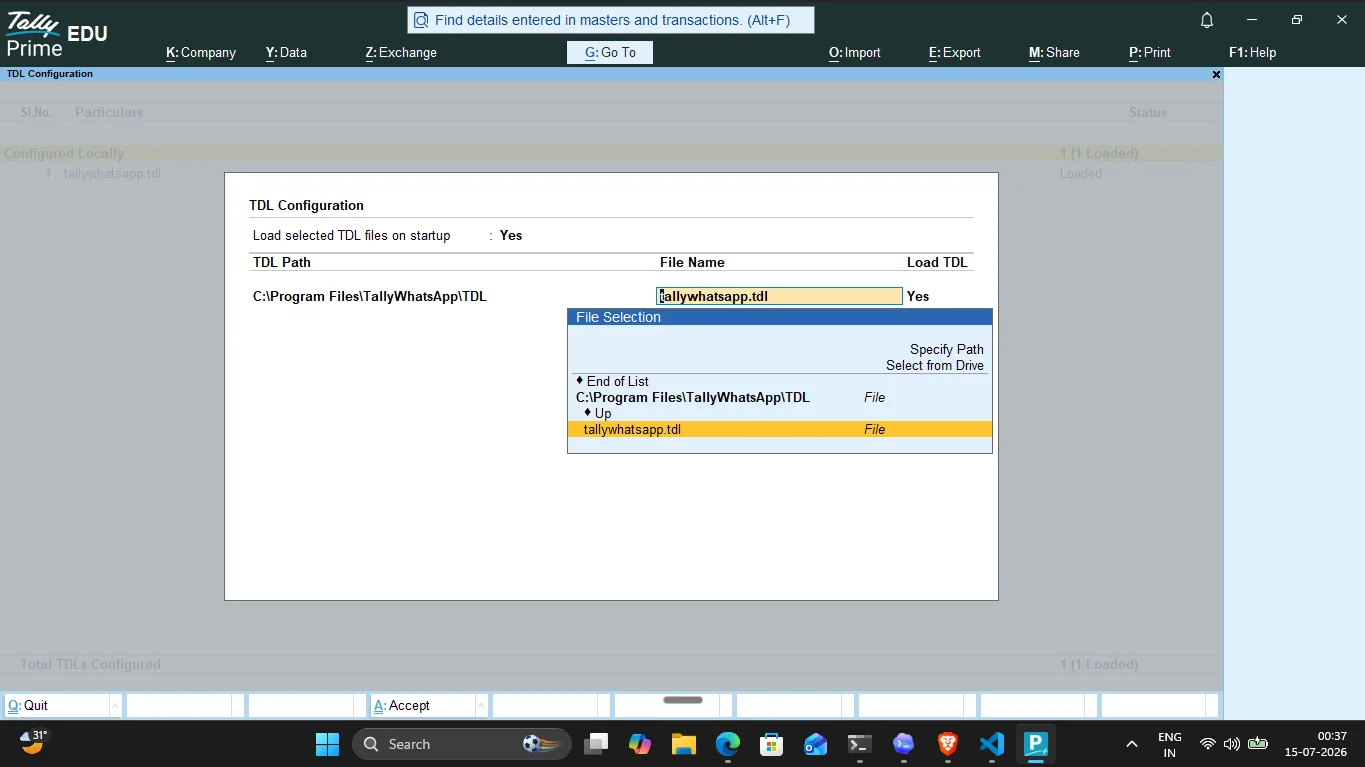 TallyPrime loading WhatsApp TDL config