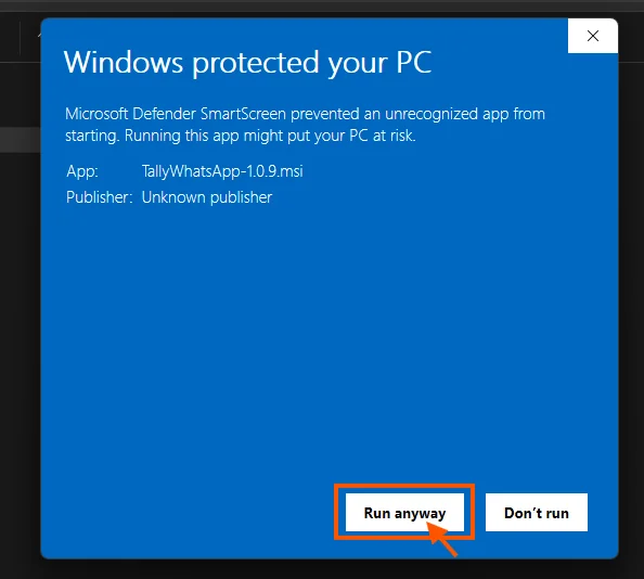 Windows Defender SmartScreen warning showing More Info and Run Anyway options.