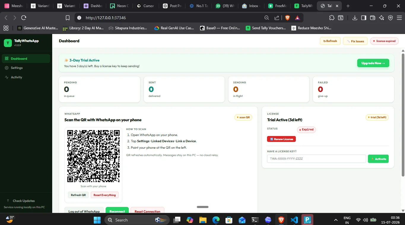 WhatsApp pairing panel on local dashboard